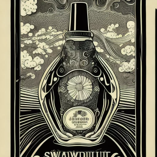 2243930660-Hand-drawing of swirls inside a vintage bottle. Graphic style. Black and white. Style japanese. Art nouveau frames.webp